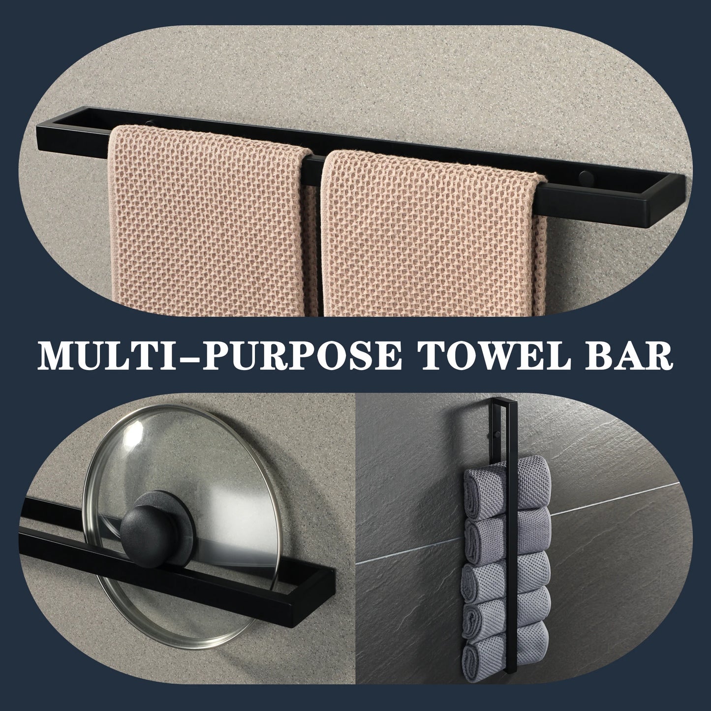Modern Black Towel Bar – 304 Stainless Steel | Self-Adhesive Wall-Mount in 20–50cm Sizes | Sleek & Durable Bathroom Towel Holder