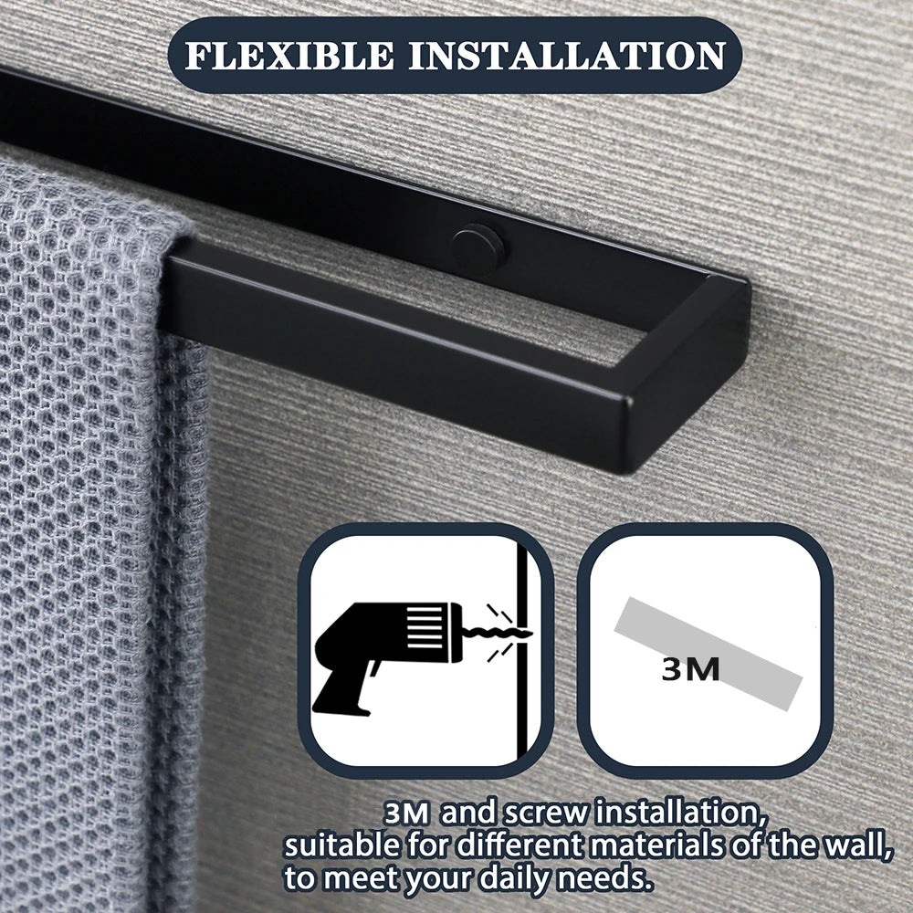 Modern Black Towel Bar – 304 Stainless Steel | Self-Adhesive Wall-Mount in 20–50cm Sizes | Sleek & Durable Bathroom Towel Holder