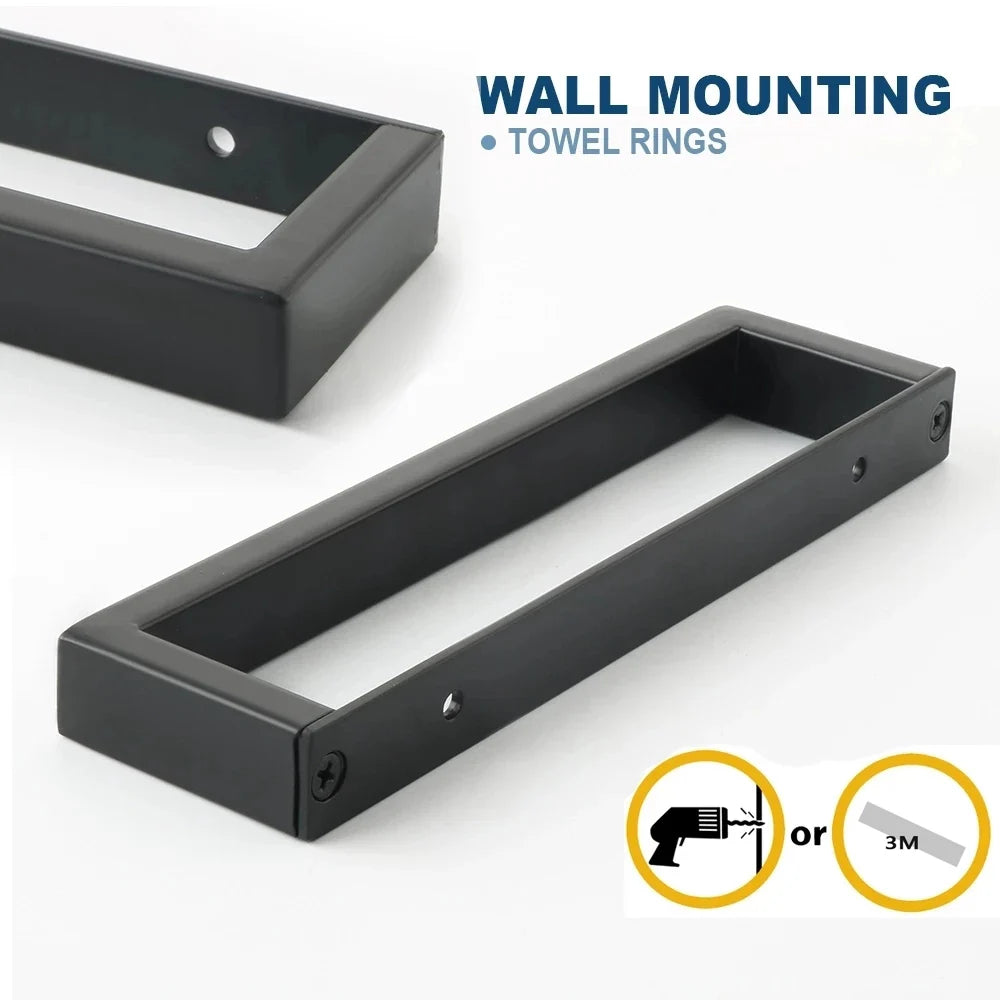 Modern Black Towel Bar – 304 Stainless Steel | Self-Adhesive Wall-Mount in 20–50cm Sizes | Sleek & Durable Bathroom Towel Holder