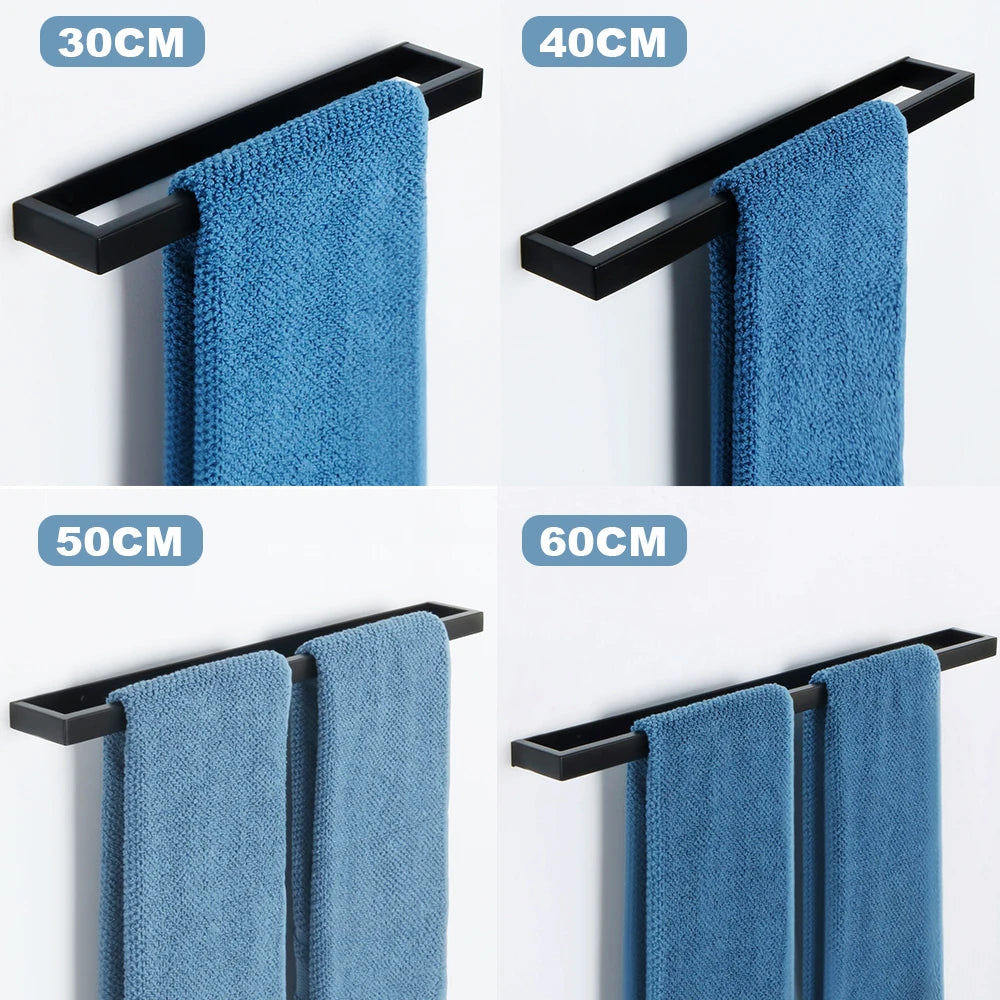Modern Black Towel Bar – 304 Stainless Steel | Self-Adhesive Wall-Mount in 20–50cm Sizes | Sleek & Durable Bathroom Towel Holder