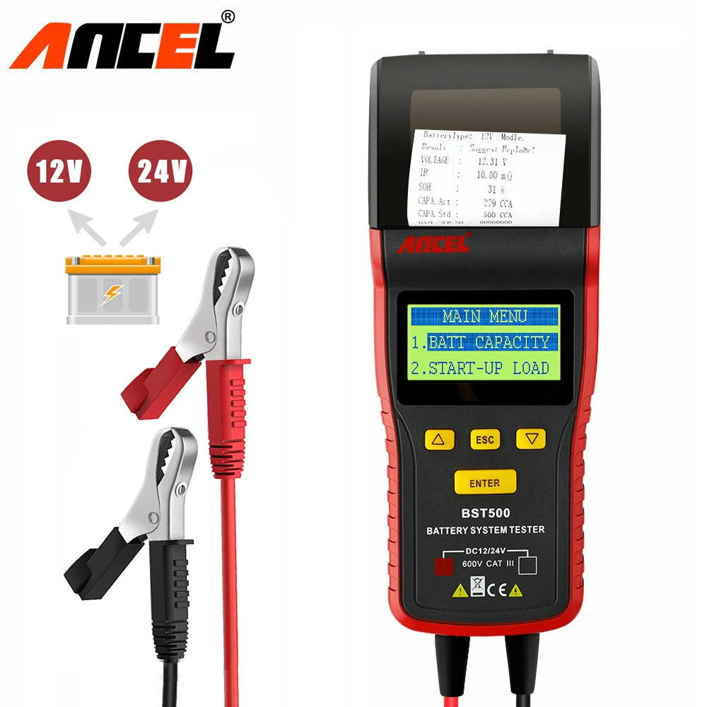 ANCEL BST500 Car Battery Tester Car 12V/24V Automotive Battery Load Tester Cranking Charging Analyzer with Printer Diagnostic
