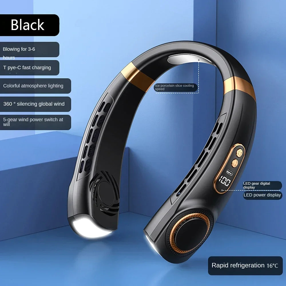Bladeless Neck Fan – Mini Wearable Air Cooler with Digital Display & Rechargeable Power