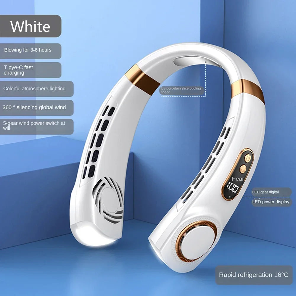 Bladeless Neck Fan – Mini Wearable Air Cooler with Digital Display & Rechargeable Power