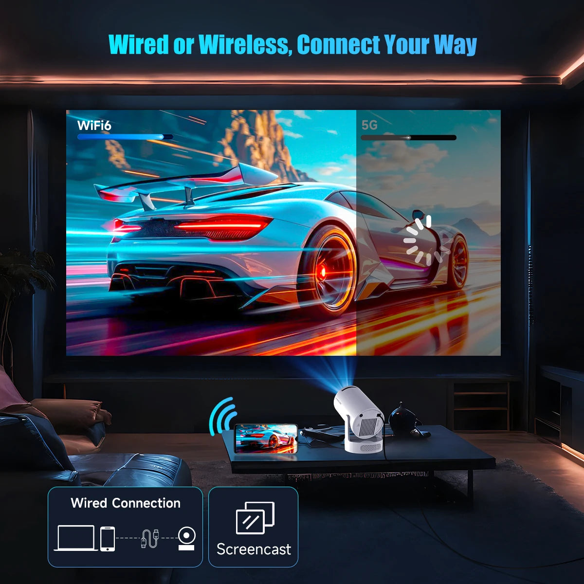 HY300 Pro+ 4K Projector – 8000 Lumens, Android 11, WiFi 6 & BT5.4 with Built-In 5W Speaker for Epic Outdoor & Home Theater