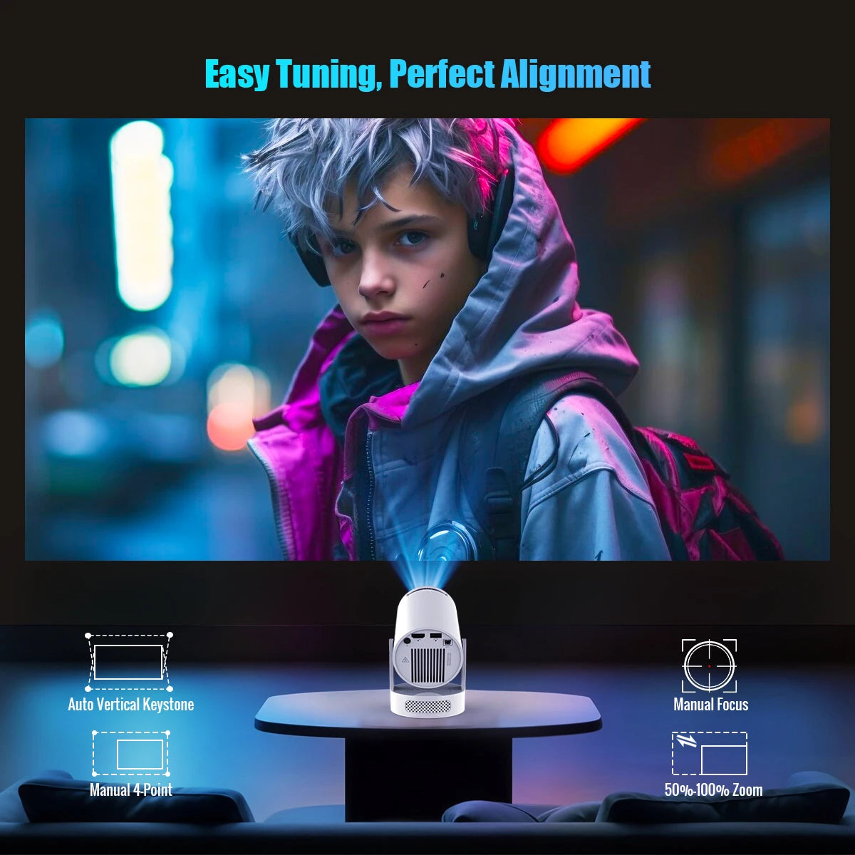 HY300 Pro+ 4K Projector – 8000 Lumens, Android 11, WiFi 6 & BT5.4 with Built-In 5W Speaker for Epic Outdoor & Home Theater