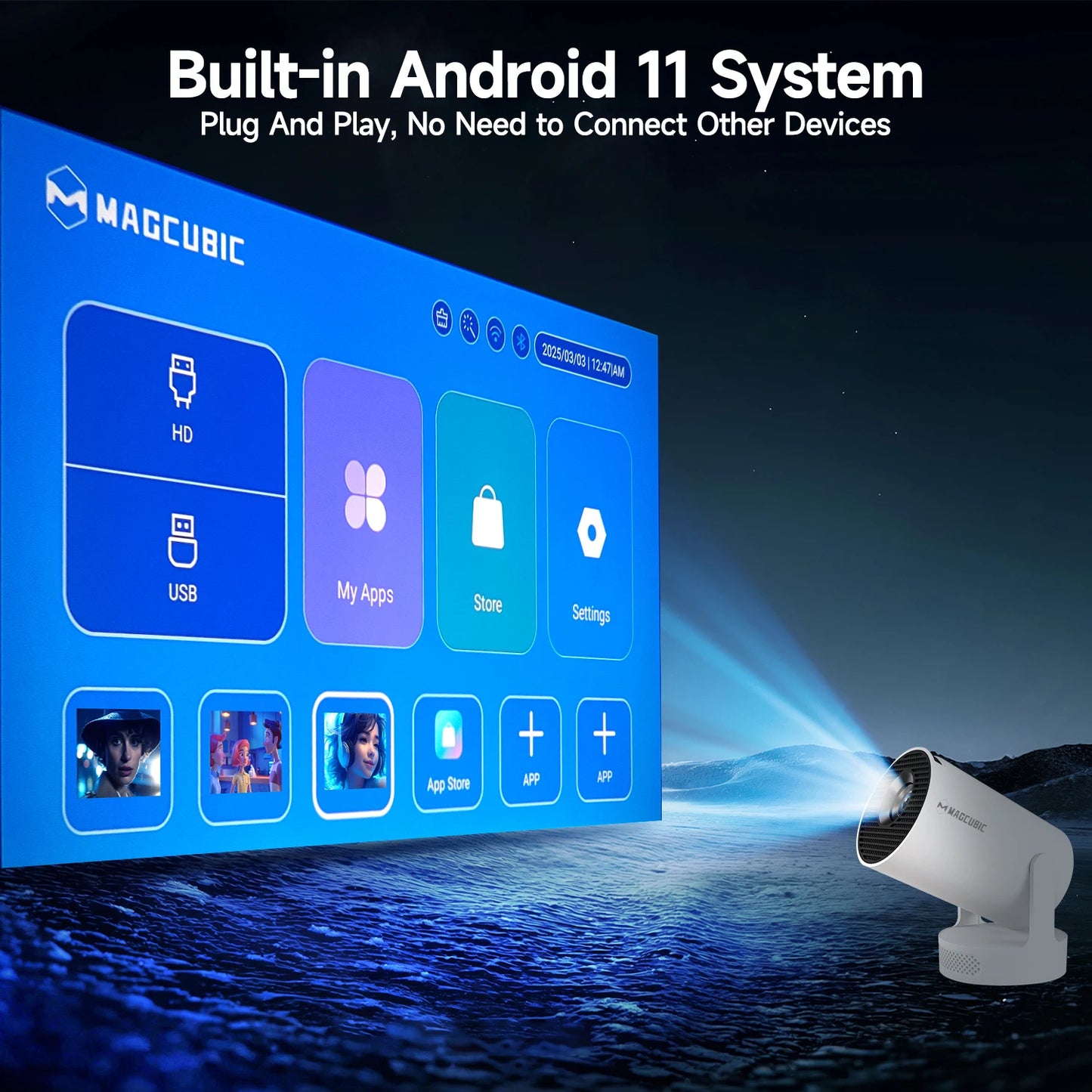 HY300 Pro+ 4K Projector – 8000 Lumens, Android 11, WiFi 6 & BT5.4 with Built-In 5W Speaker for Epic Outdoor & Home Theater