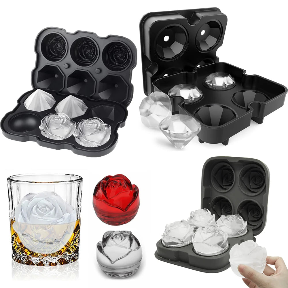 Luxury 3D Rose & Diamond Ice Mold – Large Reusable Silicone Tray for Elegant Cocktails & Party Vibes