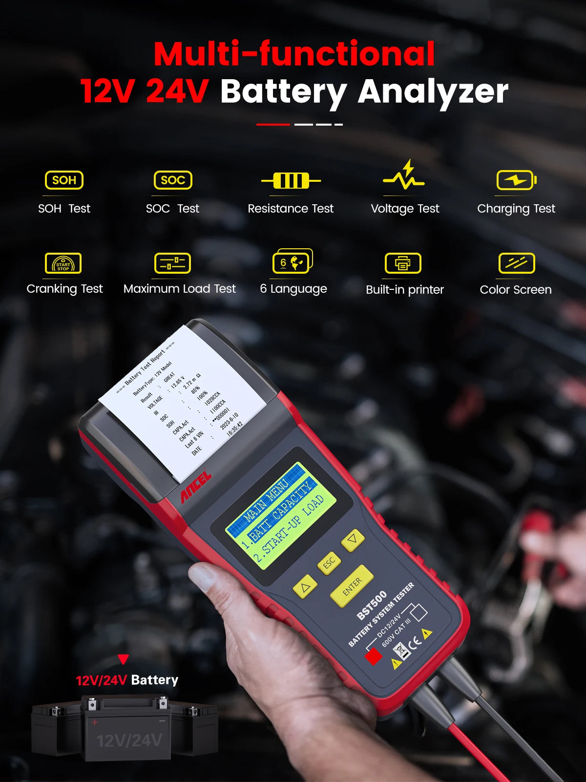 ANCEL BST500 Car Battery Tester Car 12V/24V Automotive Battery Load Tester Cranking Charging Analyzer with Printer Diagnostic