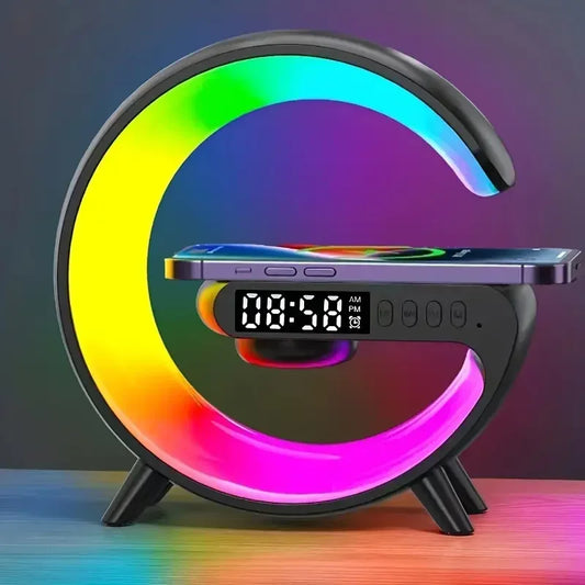All-in-One RGB Wireless Charging Dock – Alarm Clock, Speaker & Fast Charger for iPhone & Samsung