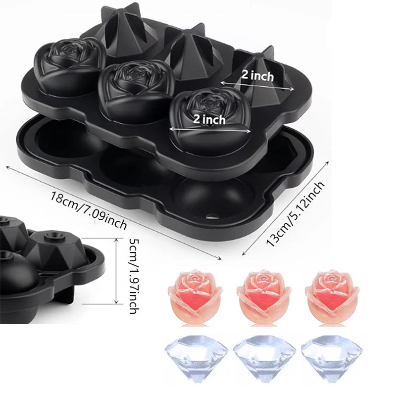 Luxury 3D Rose & Diamond Ice Mold – Large Reusable Silicone Tray for Elegant Cocktails & Party Vibes